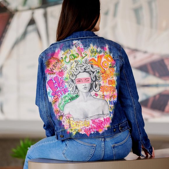 Vintage Denim Jacket Medusa Women's M Size Hand Painted Art - Picture 1 of 4